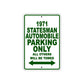 1971 Stateman Automobile Car Parking Only All Others Will Be Towed Sign Plate