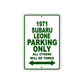 1971 Subaru Leone Car Parking Only All Others Will Be Towed Sign Plate