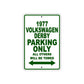 1977 Volkswagen Derby Car Parking Only All Others Will Be Towed Sign Plate