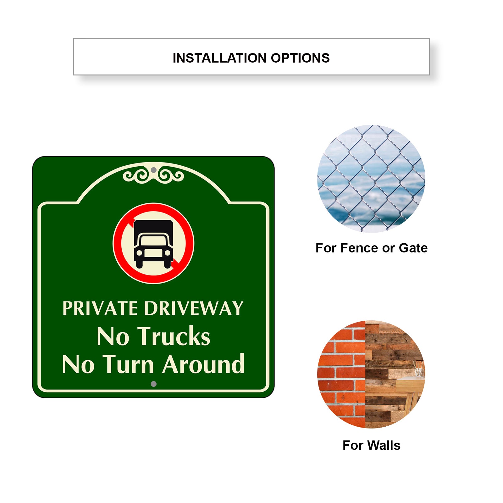 Private Driveway No Trucks No Turn Around Square Sign Installation Options