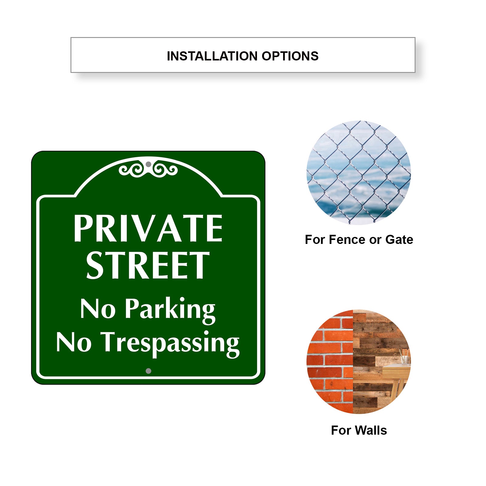 Private Street No Parking No Trespassing Metal Sign Plate Installation Options