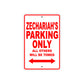 Zechariah's Name Parking Only All Others Will Be Towed Metal Sign Plate