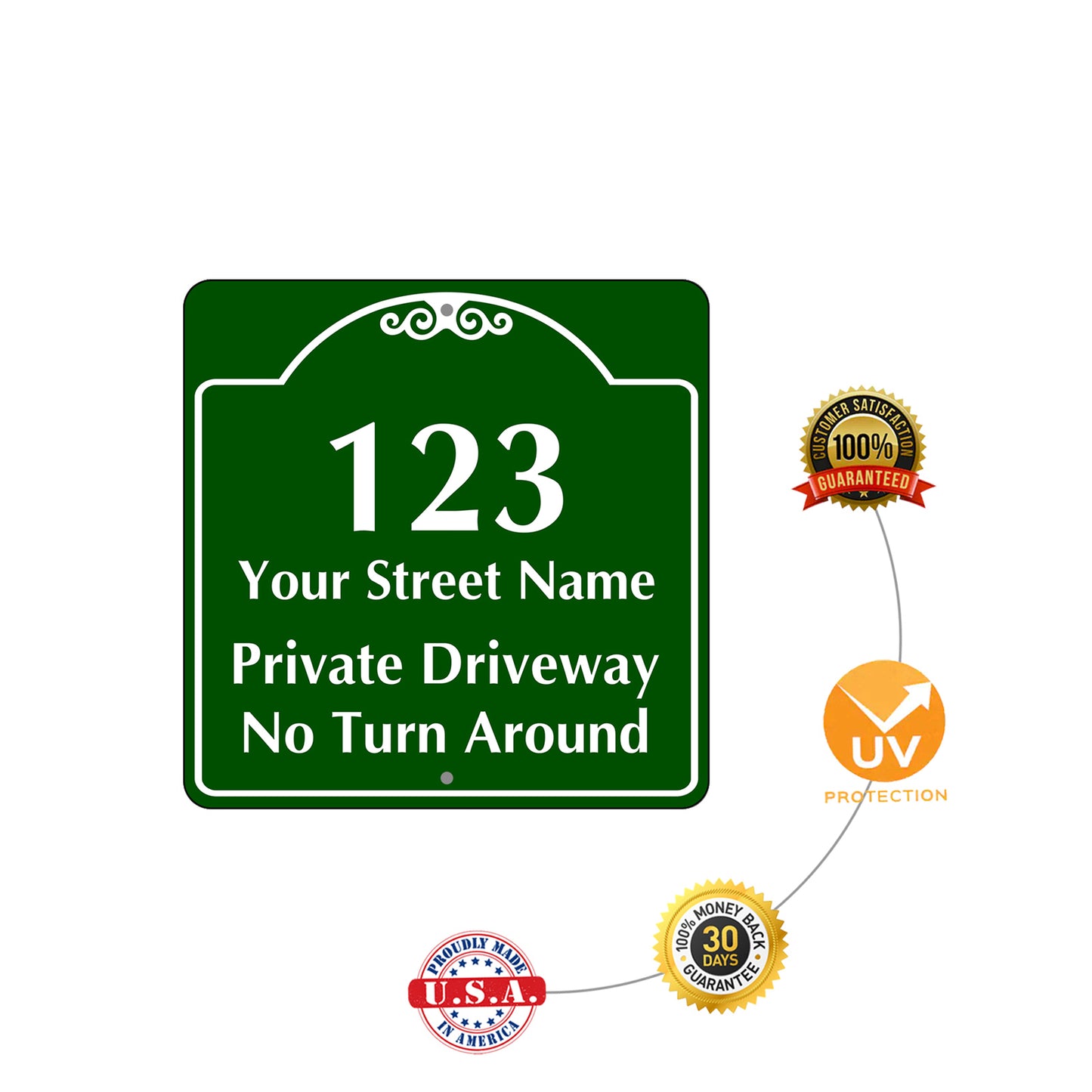 1 2 3 Your Street Name Private Driveway Sign No Turn Around (Front)/Private Driveway (Back)