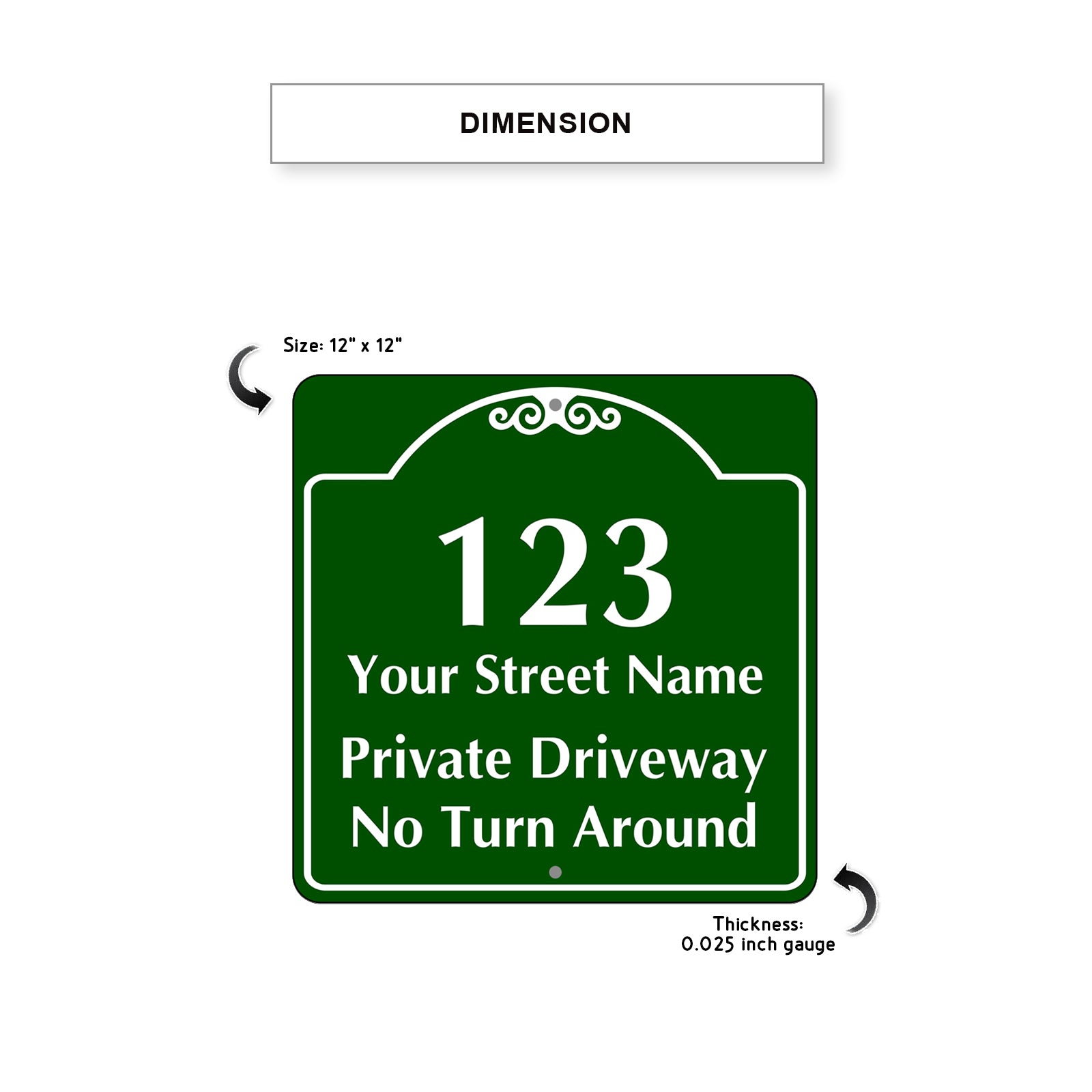 1 2 3 Your Street Name Private Driveway Sign No Turn Around (Front)/Private Driveway (Back)