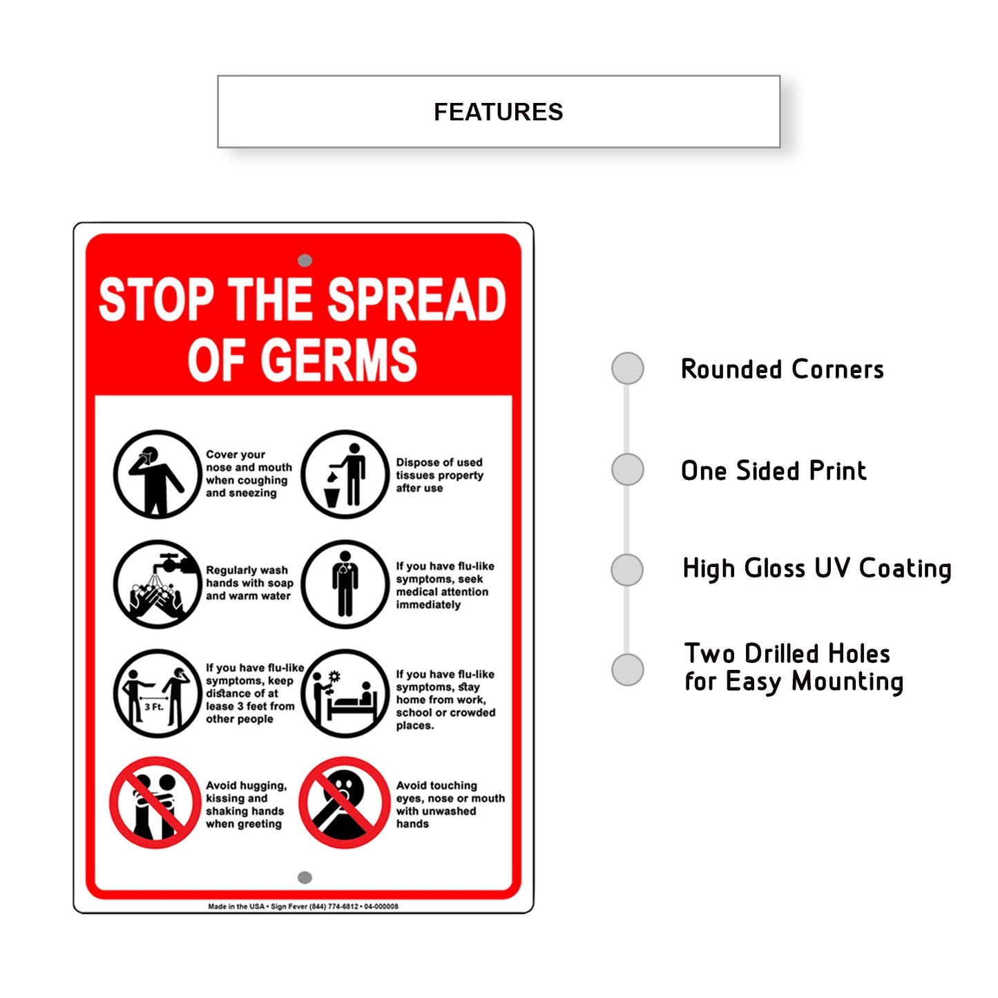 Stop The Spread Of Germs Cover Your Nose Mouth And Hands Aluminum Metal Display Sign Plate