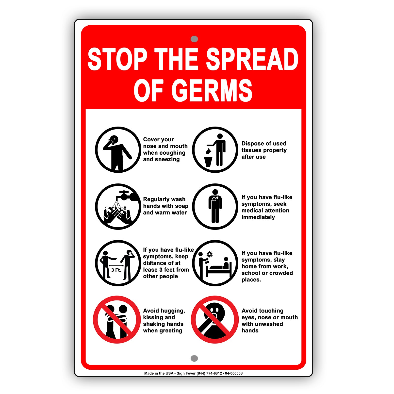 Stop The Spread Of Germs Cover Your Nose Mouth And Hands Aluminum Metal Display Sign Plate