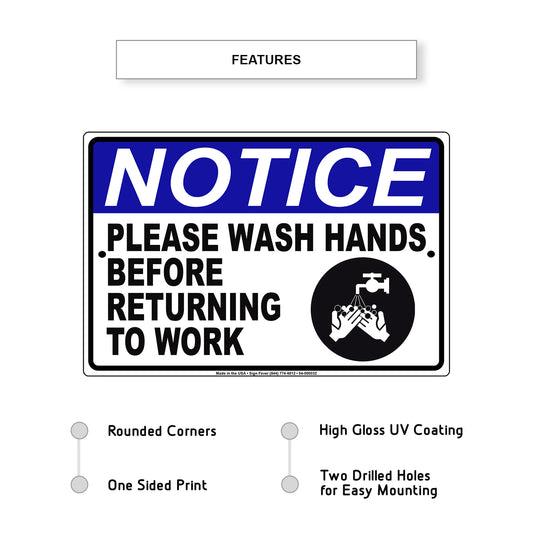 Notice Please Wash Hands Before Returning To Work Aluminum Metal Sign Plate