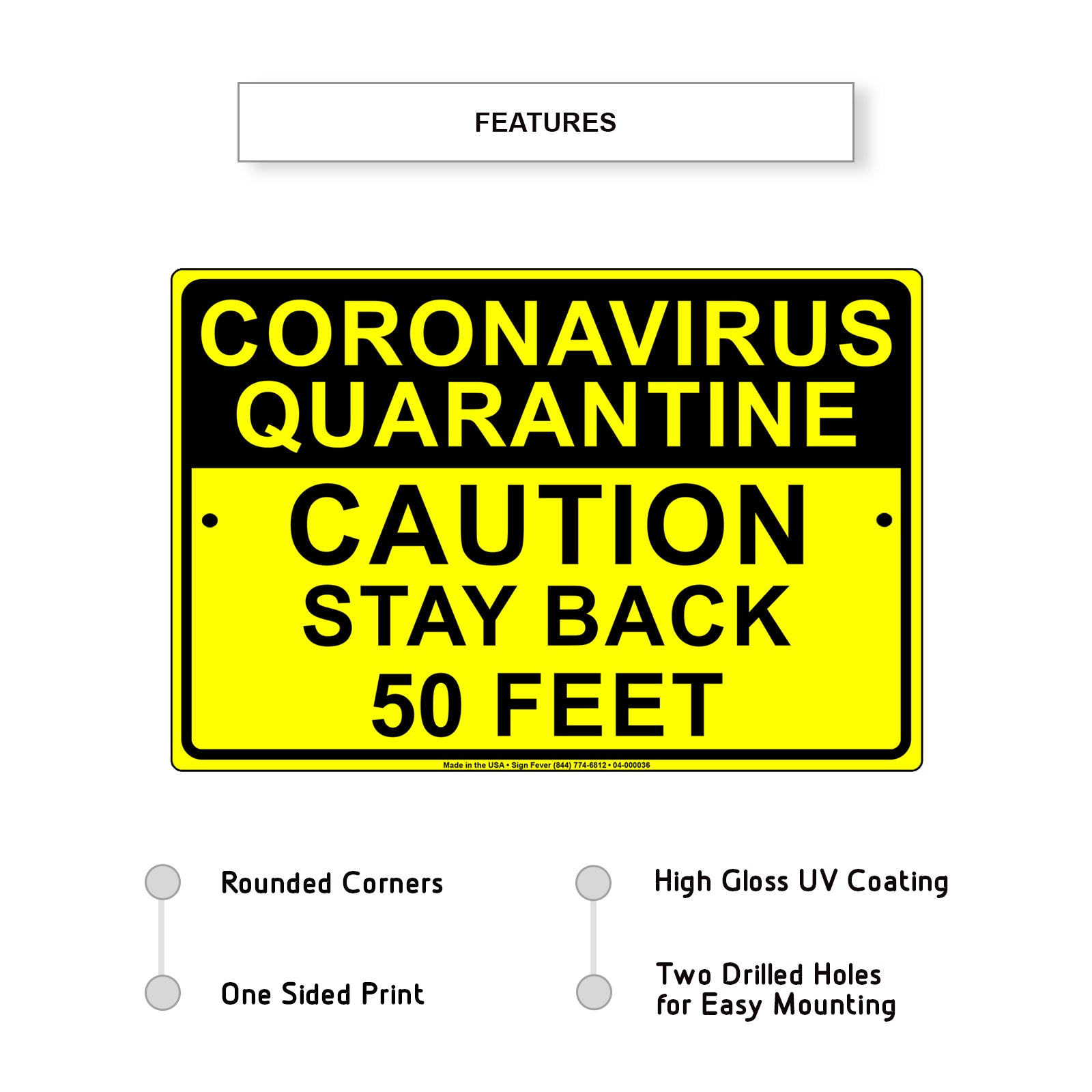 Coronavirus Quarantine Caution Stay Back 50 Feet Aluminum Metal Sign Plate