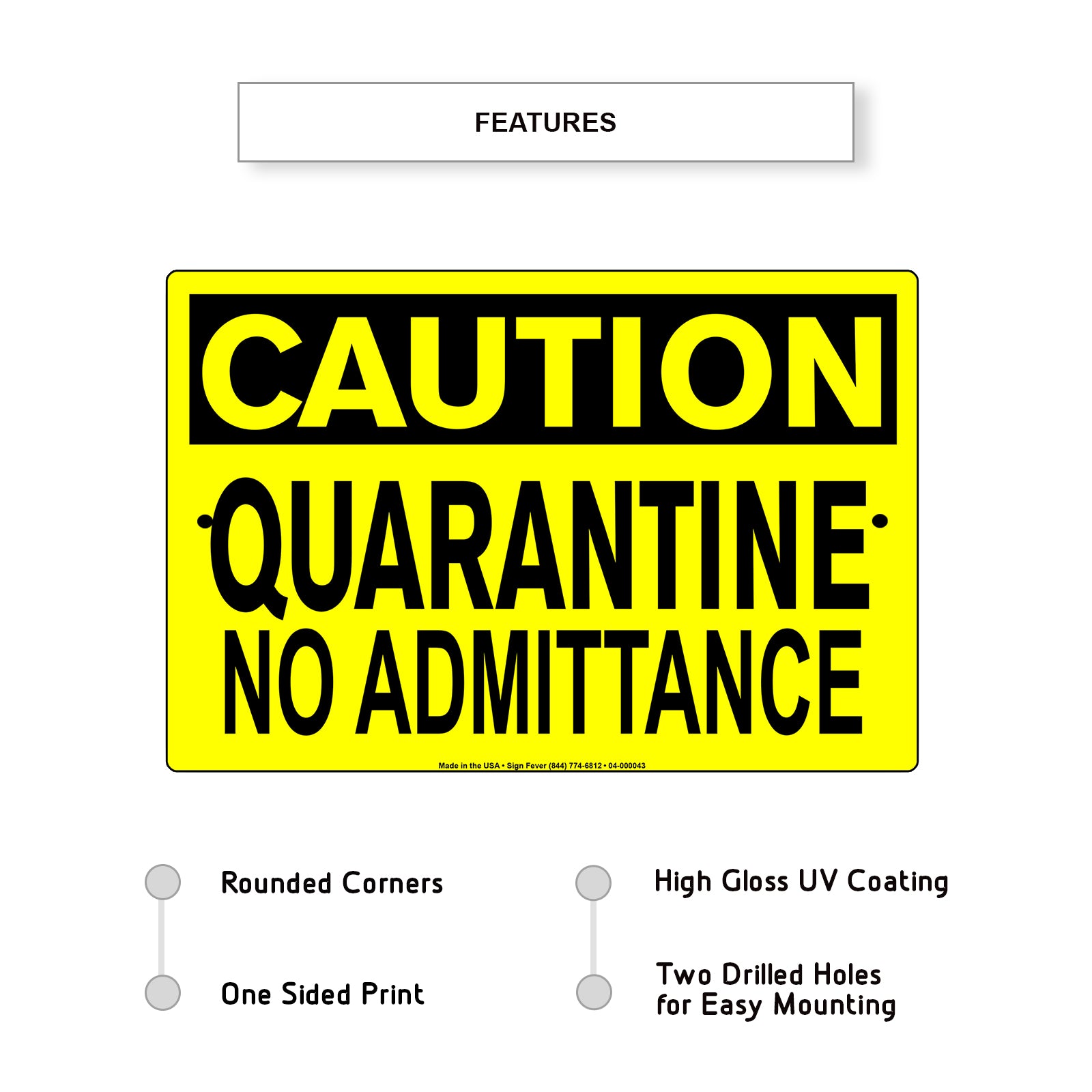 Caution Quarantine No Admittance Coronavirus Covid-19 Aluminum Metal Display Sign Plate