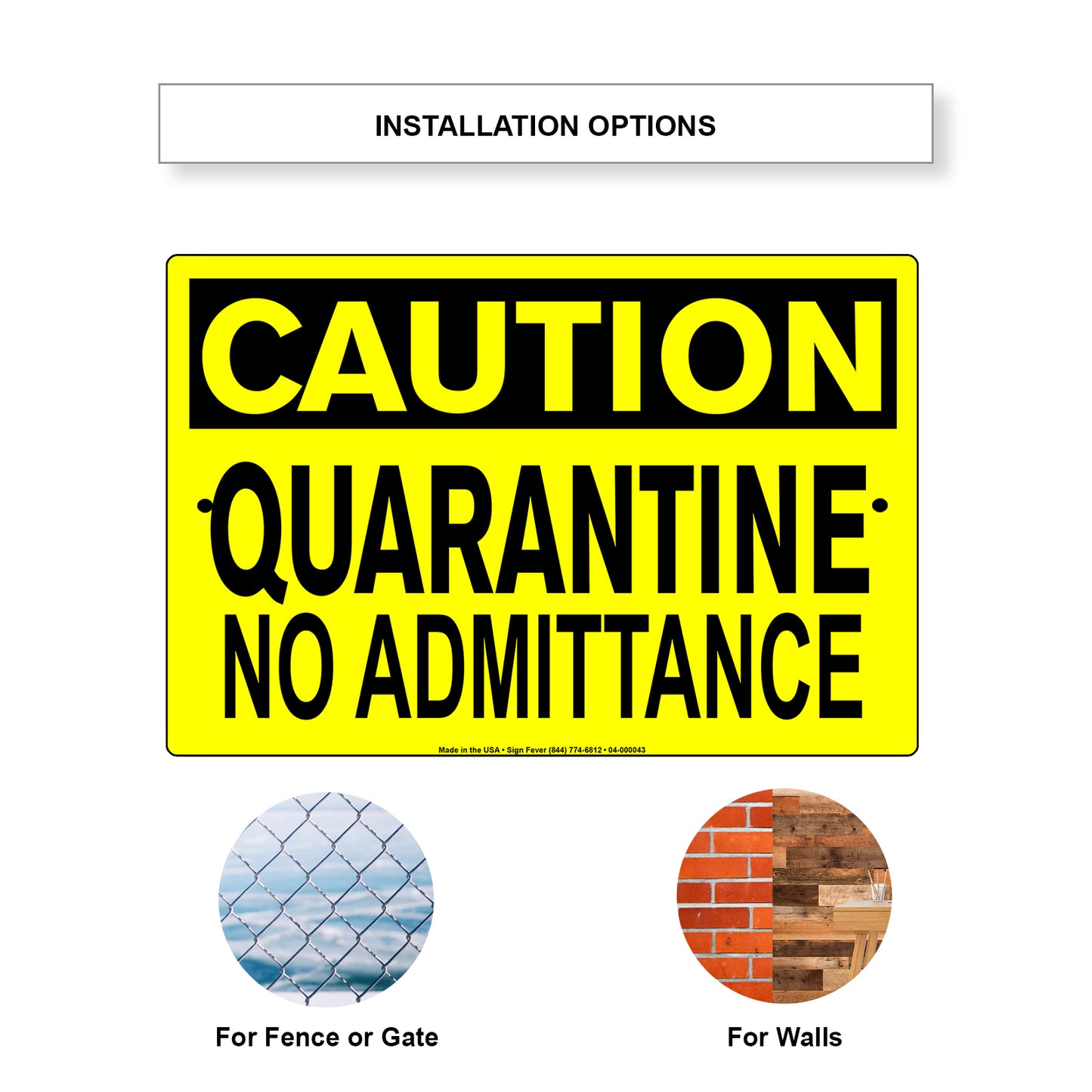 Caution Quarantine No Admittance Coronavirus Covid-19 Aluminum Metal Display Sign Plate