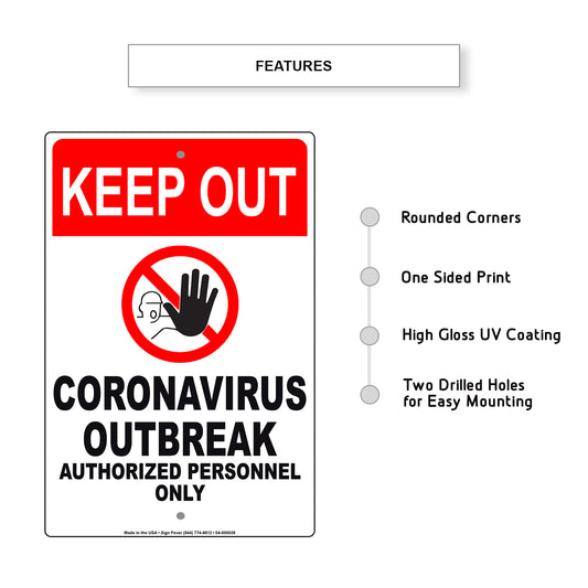 Keep Out Coronavirus Outbreak Authorized Personnel Only Covid-19 Aluminum Metal Display Sign Plate