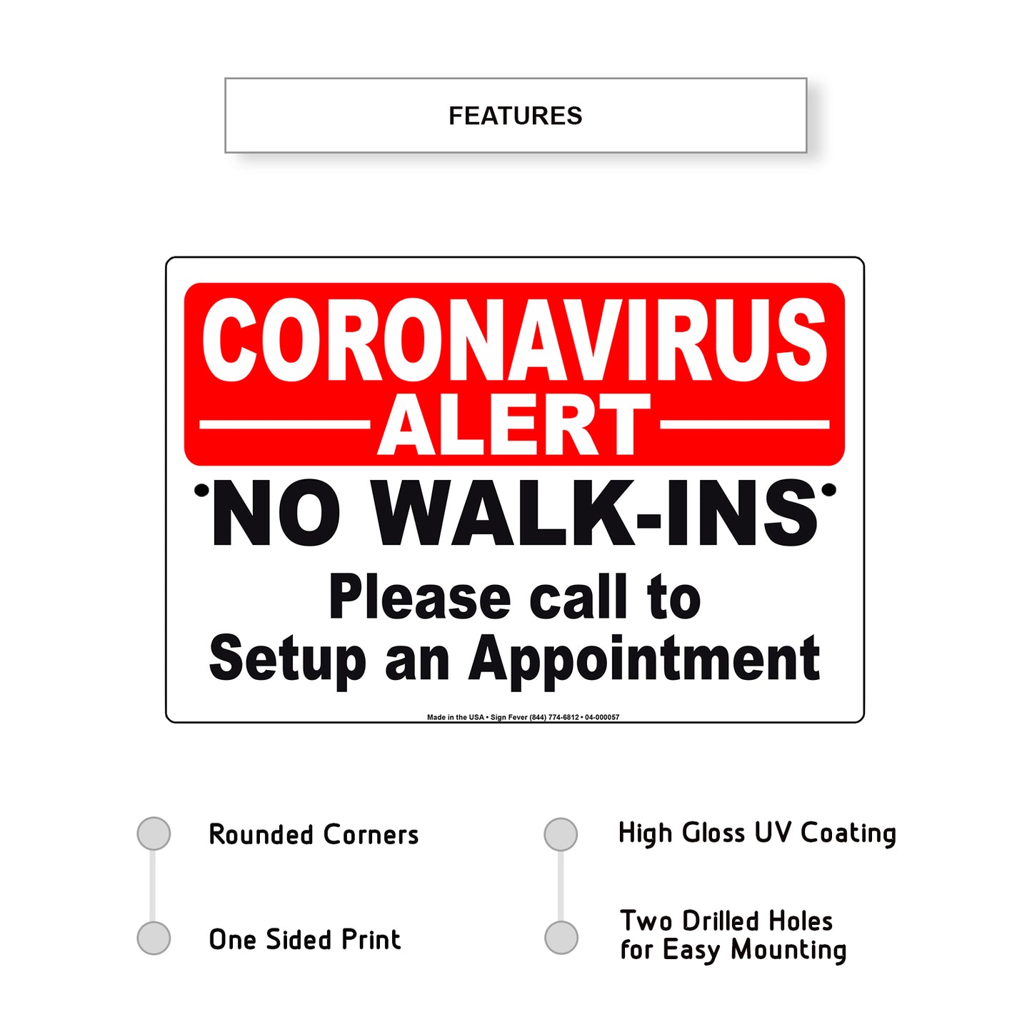 Coronavirus Alert No Walk-Ins Please Call To Setup An Appointment Covid-19 Aluminum Metal Display Sign Plate