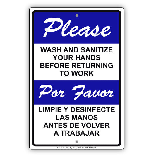 Please Wash And Sanitize Hands Before Returning To Work Coronavirus Covid-19 Aluminum Metal Display Sign Plate