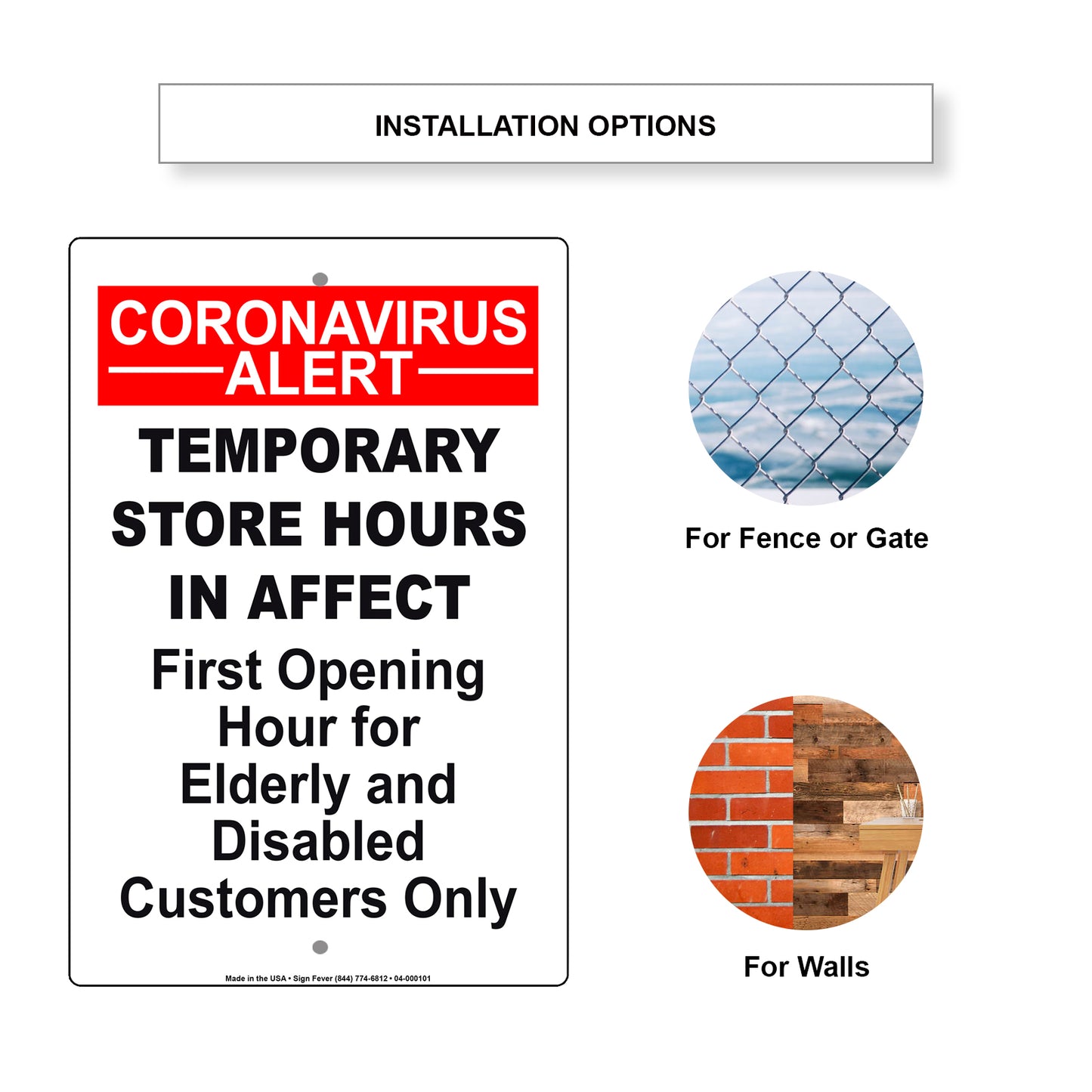 Coronavirus Alert Temporary Store Hours In Affect First Opening Hour For Elderly And Disabled Customers Only Covid-19 Aluminum Metal Display Sign Plate