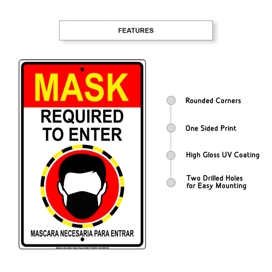 Mask Required To Enter Mascara Necesaria Para Entrar Aluminum Metal Sign Plate