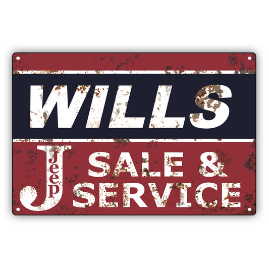 Wills Jeep Sale & Service Vintage Retro Decor Wall Shop Man Cave Bar Aluminum Metal Novelty Sign Plate