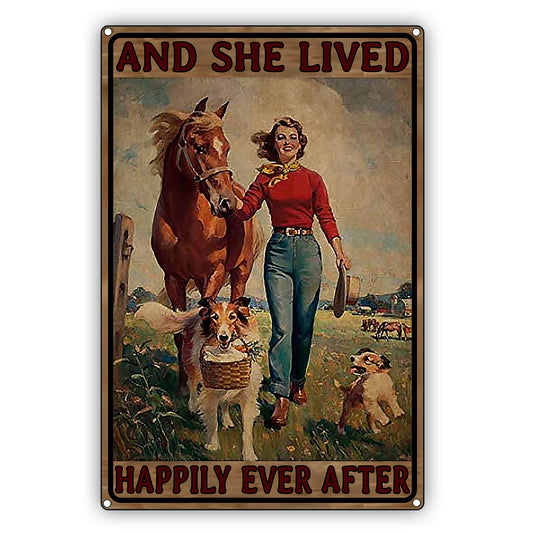 And She Lived Happily Ever After Cowgirl With Dogs And Horse Graphic Vintage Decor Sign