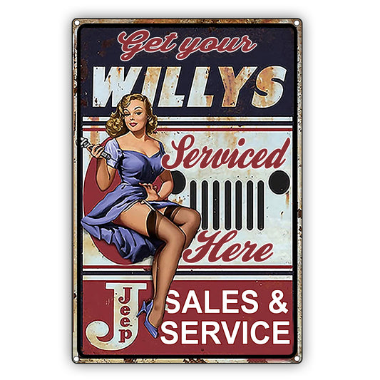 Get Your Willys Serviced Here Pinup Girl Vintage Decor Sign