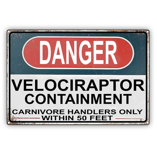 Danger Velociraptor Containment Carnivore Handlers Only Vintage Decor Sign