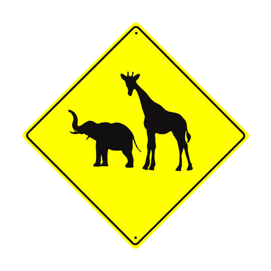 Zoo Animals Crossing - Elephant and Giraffe Symbol Metal Aluminum Notice Novelty Road Plate Sign