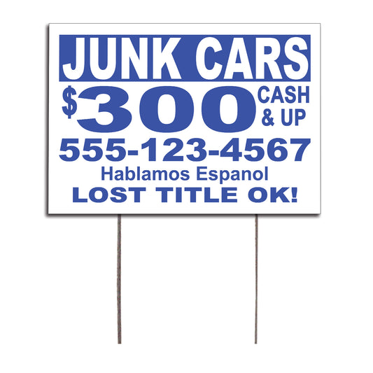 Products Junk Cars $300 Cash & Up Customized Yard Sign