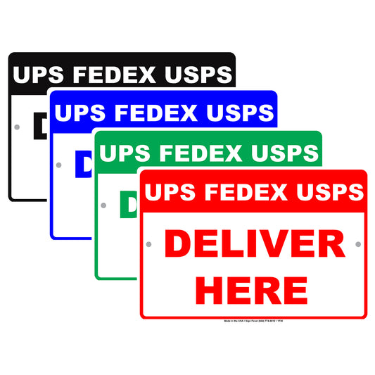 Ups, Fedex, Usps Deliver Here Delivery Postal Courier Shipment Drop Services Notice Aluminum Metal Sign plate
