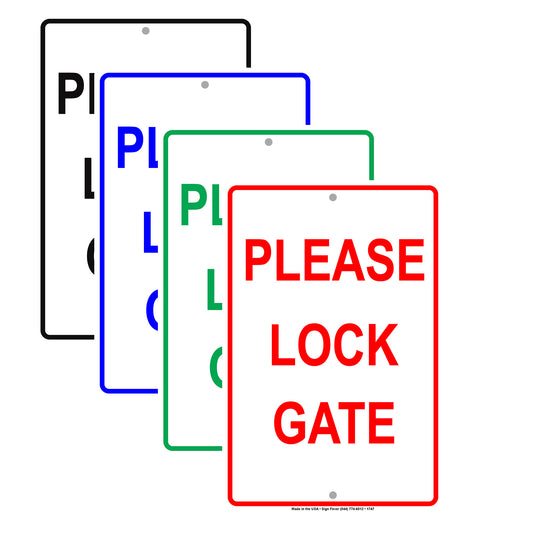 Please Lock Gate Security Courtesy Property Safety Monitoring Notice Warning Caution Alert Aluminum Metal Sign Plate