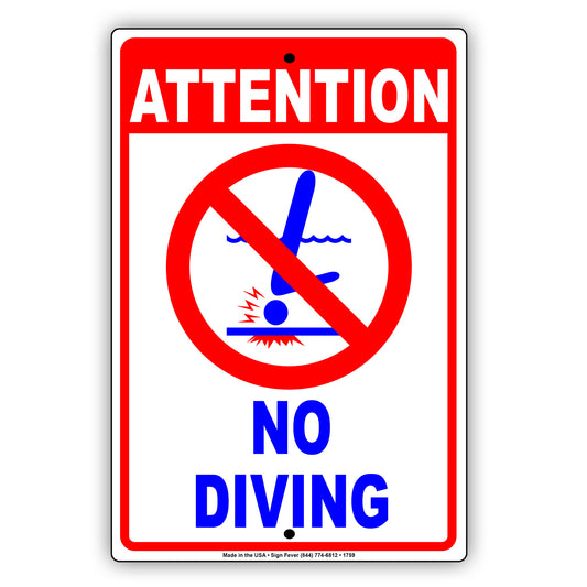 Attention No Diving Shallow Water Pool Swimming Safety Restriction Danger Alert Notice Aluminum Metal Sign Plate