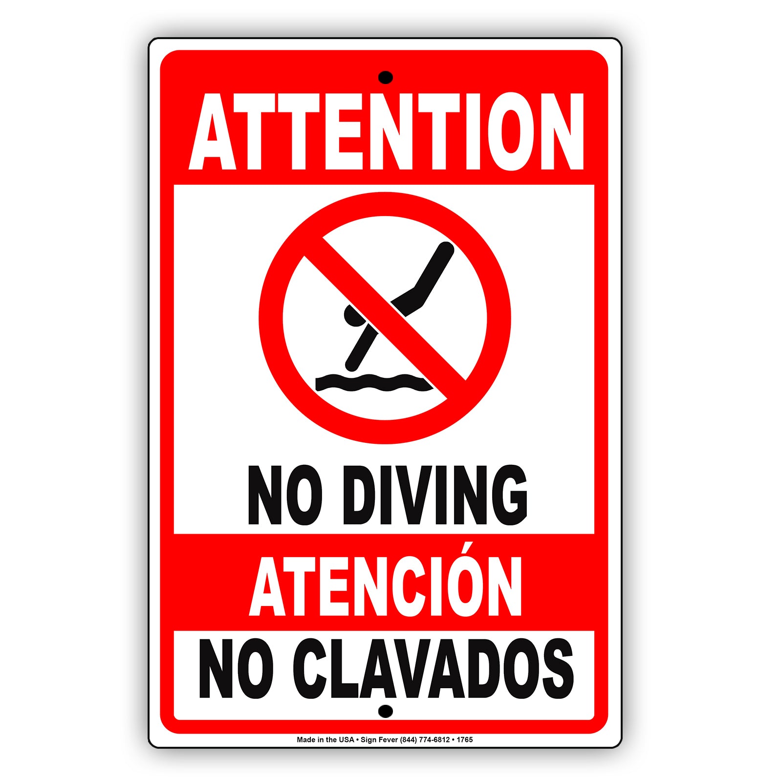 Attention No Diving Atención No Clavados English Spanish Aluminum Metal Sign Plate