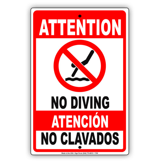 Attention No Diving Atención No Clavados English Spanish Aluminum Metal Sign Plate