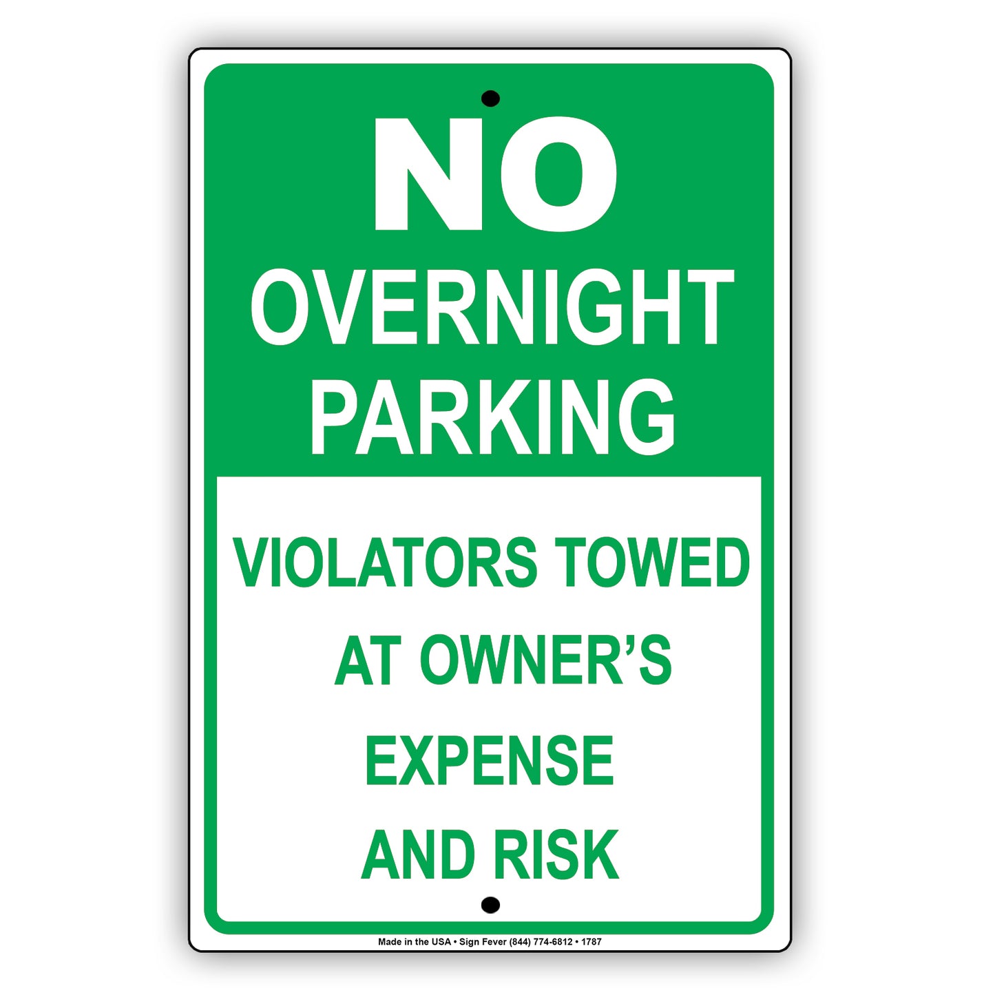 No Overnight Parking Violators Towed At Owner's Expense And Risk Aluminum Metal Sign Plate