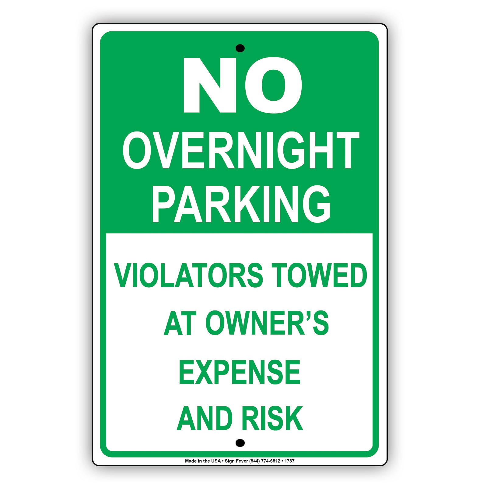 No Overnight Parking Violators Towed At Owner's Expense And Risk Aluminum Metal Sign Plate