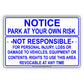 Notice Park At Your Own Risk Not Responsible For Personal Injuries, Loss Or Damage Aluminum