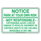 Notice Park At Your Own Risk Not Responsible For Personal Injuries, Loss Or Damage Aluminum