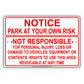 Notice Park At Your Own Risk Not Responsible For Personal Injuries, Loss Or Damage Aluminum