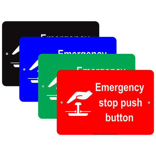 Emergency Stop Push Button With Graphic Safety Alert Caution Warning Notice Aluminum