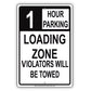 Loading Zone Parking Violators Will Be Towed Reserved Time Limit Alert Caution Warning Aluminum