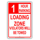 Loading Zone Parking Violators Will Be Towed Reserved Time Limit Alert Caution Warning Aluminum