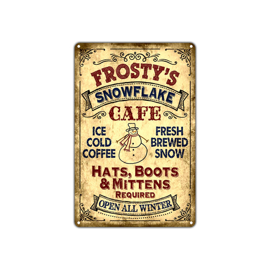 Frosty's Snowflake Cafe Open All Winter Vintage Retro Wall Decor Art Shop Man Cave Bar Aluminum
