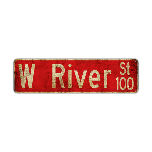 W River 100 St Vintage Retro Street Novelty Sign Rustic Metal Aluminum Decor Wall Man Shop Cave Bar Gift