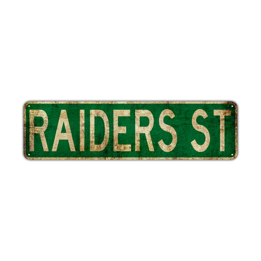 Raiders St Vintage Retro Street Novelty Sign Rustic Metal Aluminum Decor Wall Man Shop Cave Bar Gift