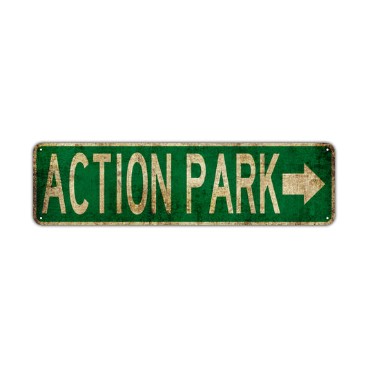 Action Park Vintage Retro Street Novelty Sign Rustic Metal Aluminum Decor Wall Man Shop Cave Bar Gift