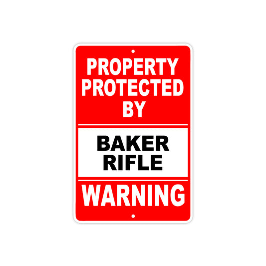 Property Protected by Baker Gun Pistol Rifle Revolver Warning Aluminum Metal Plate Sign