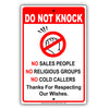 Do Not Knock No Sales People No Religious Groups No Cold Callers Aluminum Metal Sign Plate