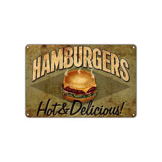 Hamburgers Hot & Delicious Fast Food Restaurant Vintage Retro Art Shop Mart Grocery Garage Aluminum