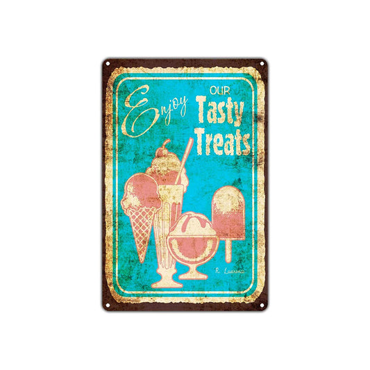 Enjoy Our Tasty Treats Rusty Vintage Retro Wall Decor Art Ice Cream Dessert Shop Cave Bar Aluminum