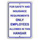 For Safety And Insurance Requirements Only Employees Allowed In This Hangar Aluminum Metal Sign Plate