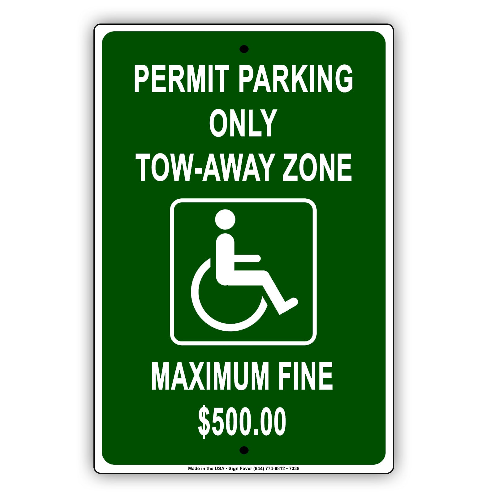 Handicap Permit Parking Only Tow-Away Zone Maximum Fine $500 Aluminum Metal Sign Plate