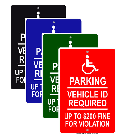 Parking Vehical Id Required Up To $200 Fine For Violation Handicap Alert Aluminum Metal Sign Plate
