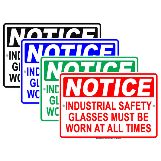 Notice Industrial Safety Glasses Must Be Worn At All Times Alert Warning Aluminum Metal Sign Plate